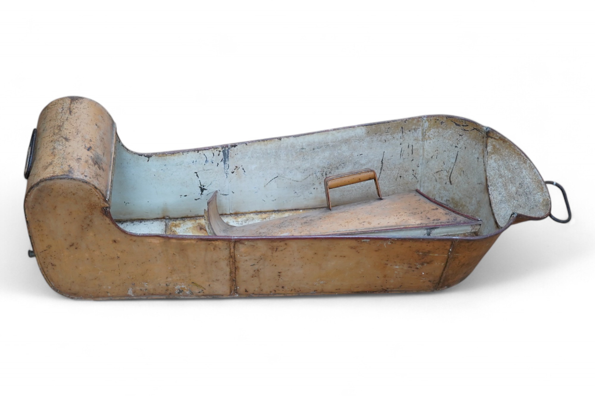 A WWII tin leg bath, with cover and tap to foot end, length 88cm. Condition - poor to fair, surface rust overall.